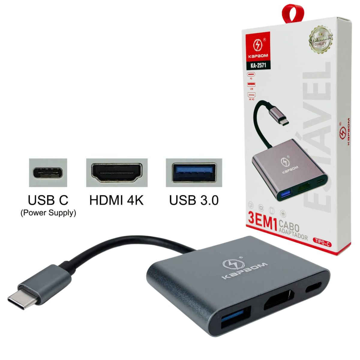 ADAPTADOR TIPO-C MACHO 3 EM 1 HDMI/USB 3.0/TIPO-C FEMEA KA-2571 KAPBOM