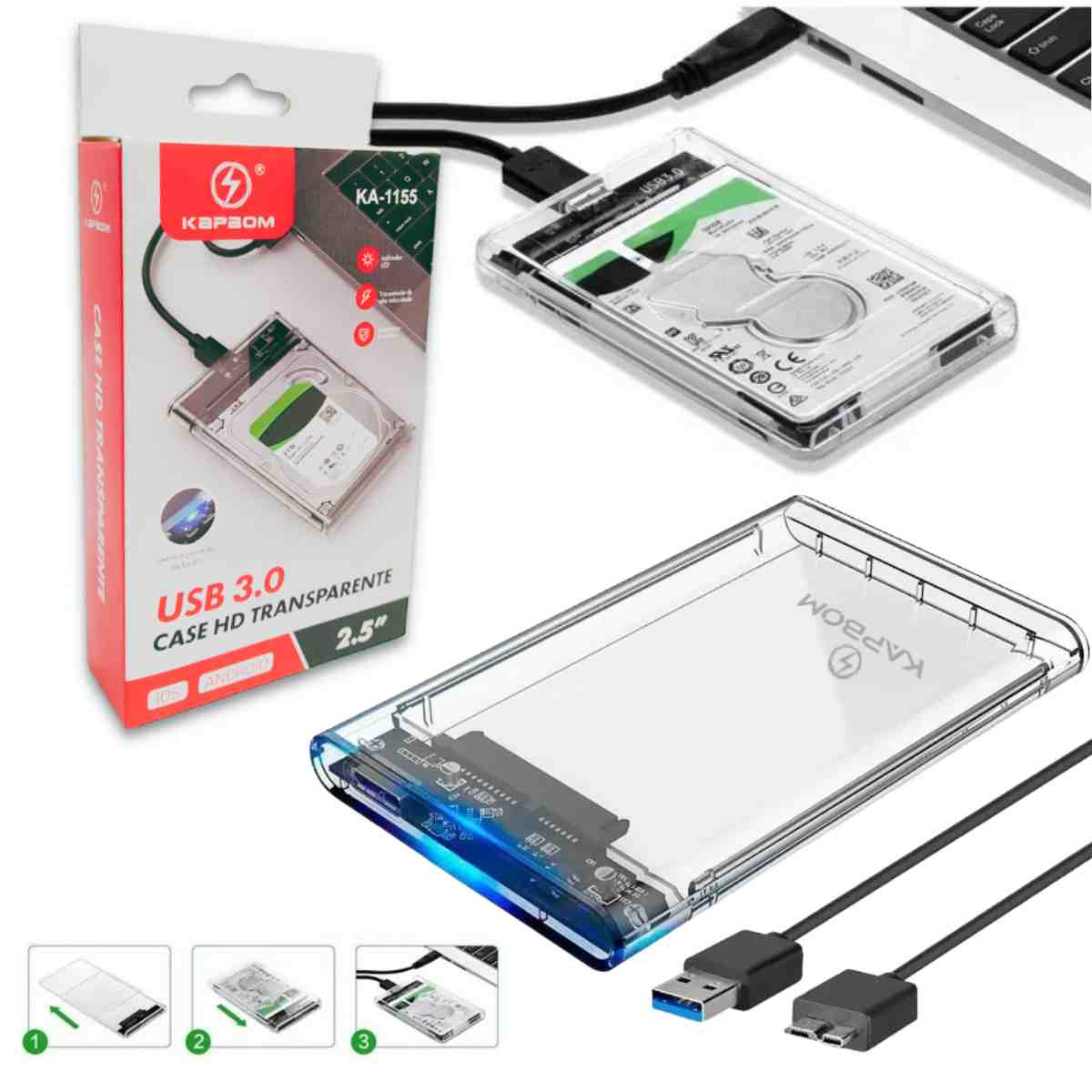 CASE HD EXTERNO SATA 2.5" USB 3.0 TRANSPARENTE KAPBOM KA-1155