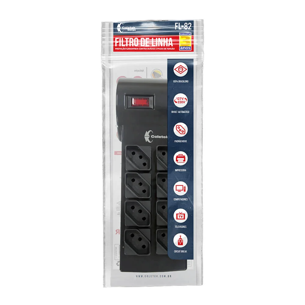 FILTRO DE LINHA 8 TOMADAS BIVOLT PRETO FL-82BK COLETEK