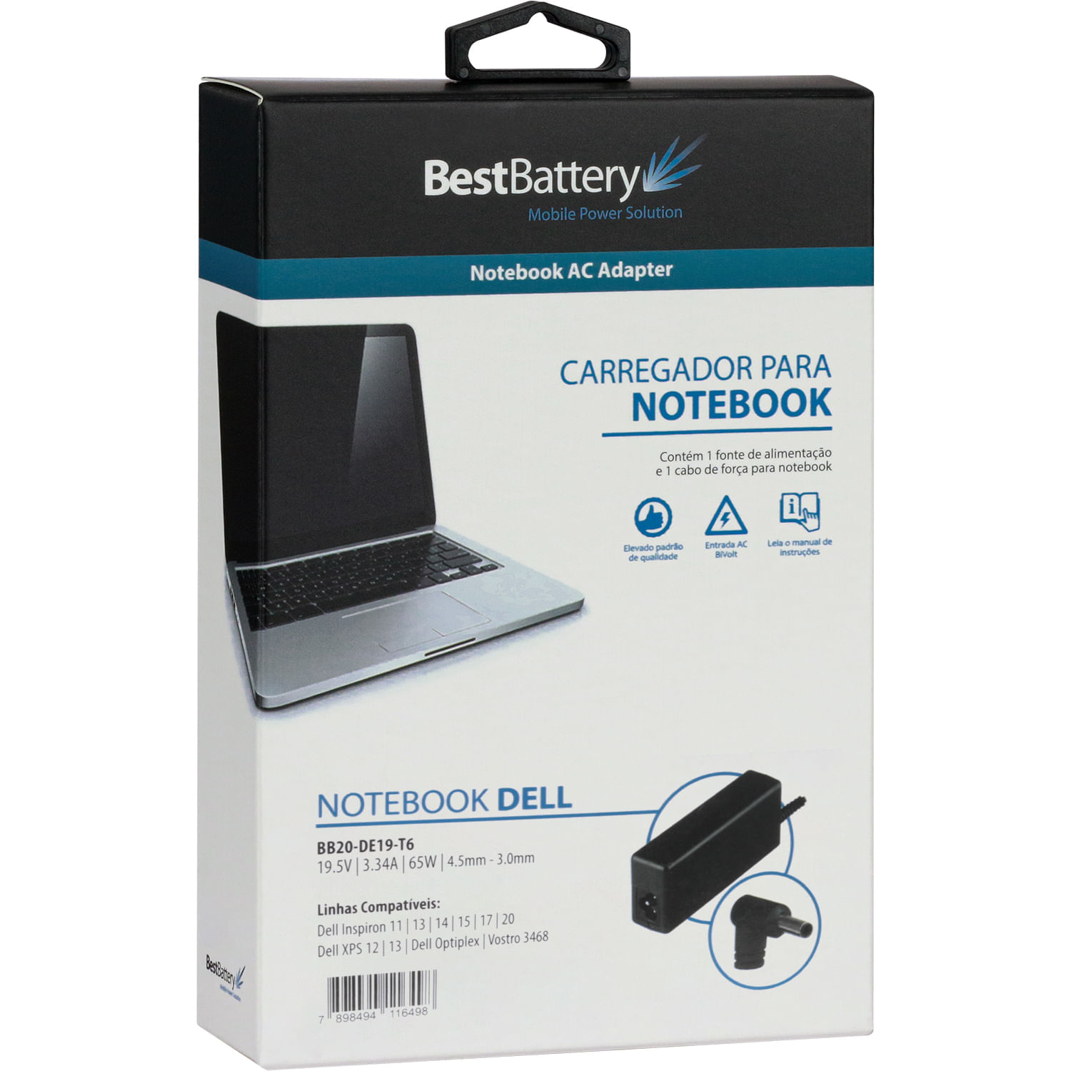 CARREGADOR NOTEBOOK CHROMEBOOK DELL 19.5V 3.34A 65W BB20-DE19-T6 4.5MM-3.0MM BESTBATTERY