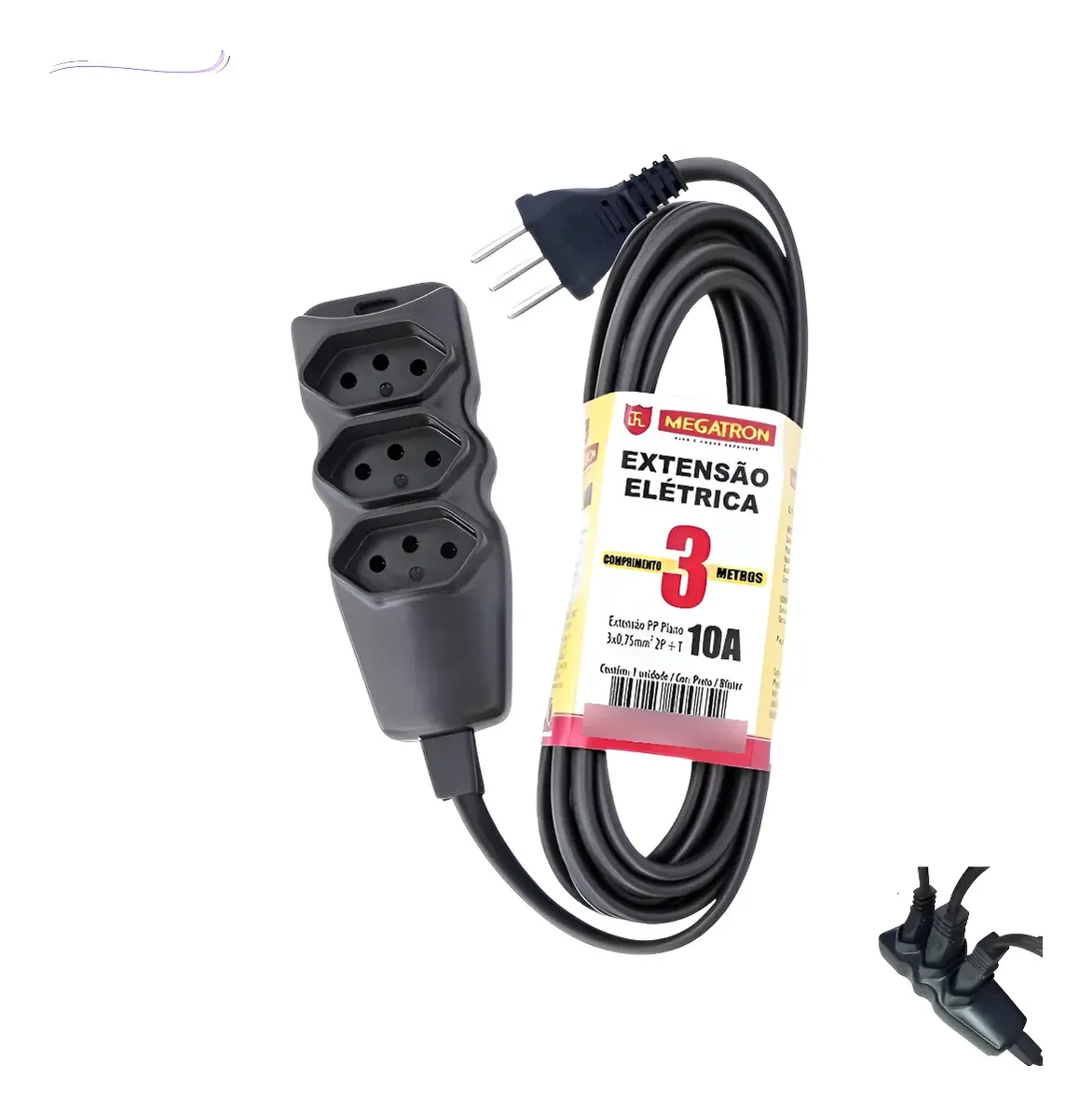 EXTENSAO ELETRICA 250V PP 10A 3 TOMADAS 2P+T 1,5M 90 BIVOLT PRETA 174 MEGATRON