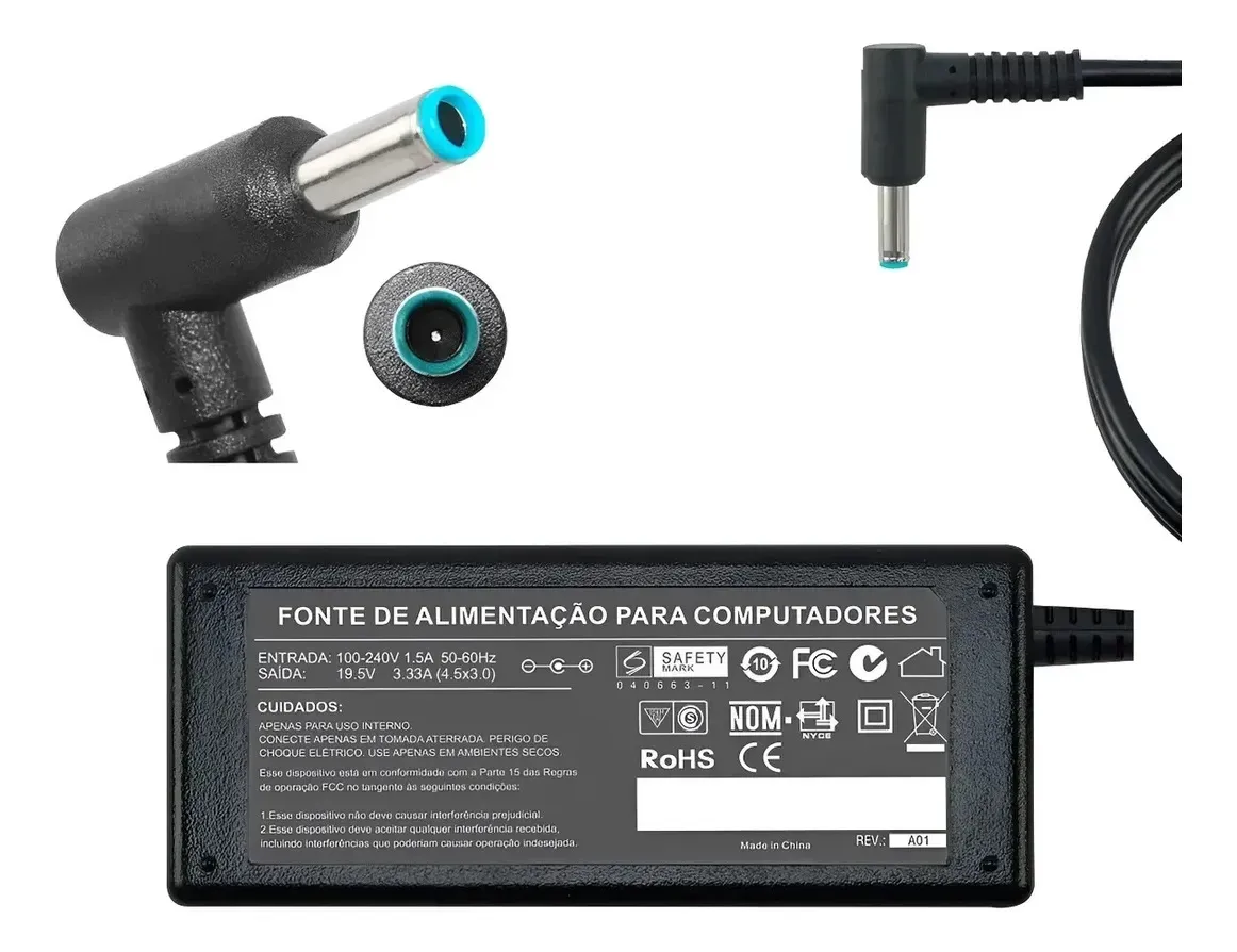FONTE DE ALIMENTACAO PARA NOTEBOOK 19,5V 3.33A 65W PLUG:4.5 X 3.0MM D-513B GRASEP.