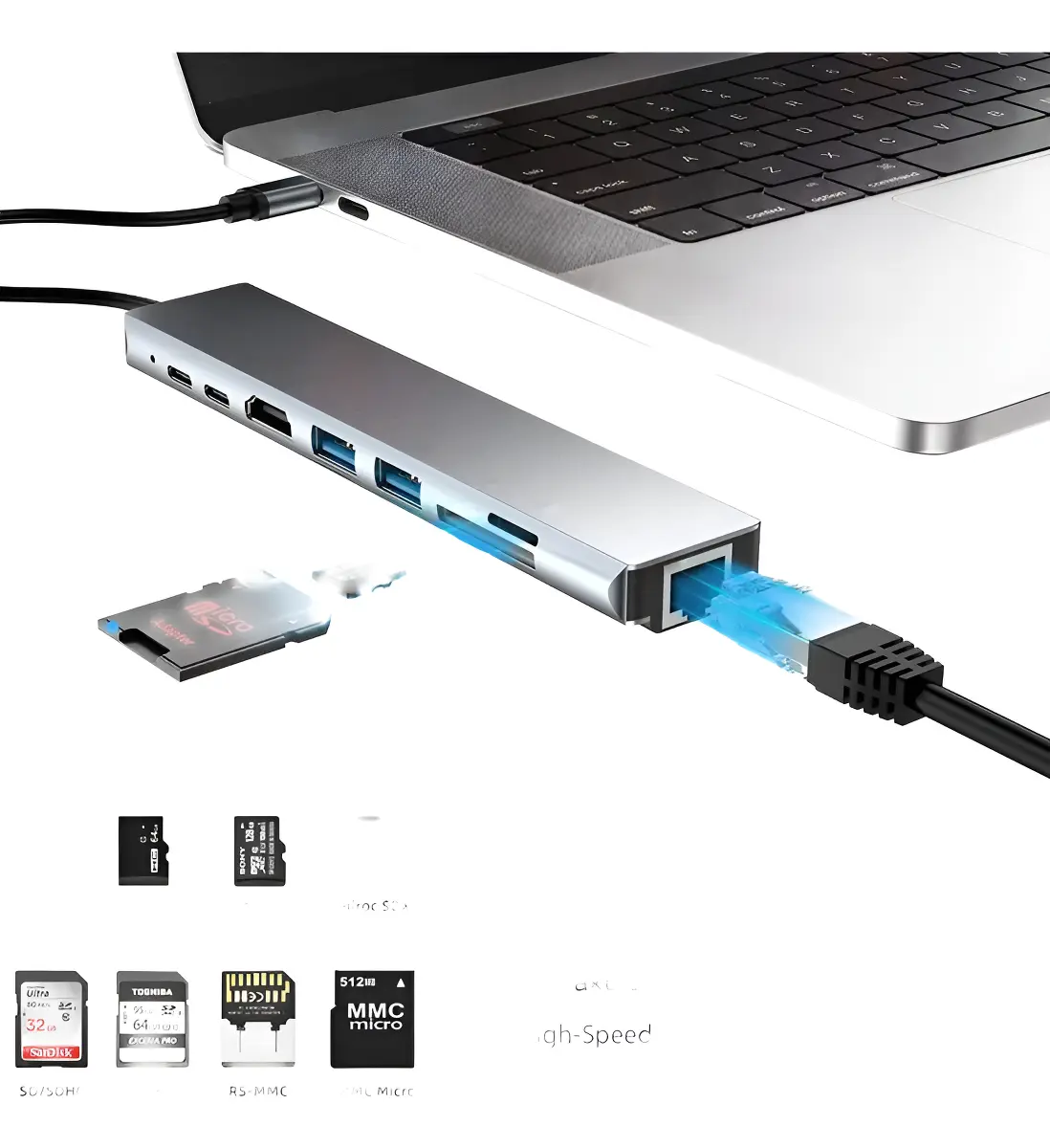 HUB TIPO C MULTIPORTA 8 EM 1 PARA MACBOOK HDMI 4K 2USB 3.0/HDMI/LAN/USB-C/PD/SD/TF/HDTV AT-TPC SHINKA